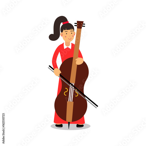 Young woman playing cello cartoon character, cellist playing classical music vector Illustration