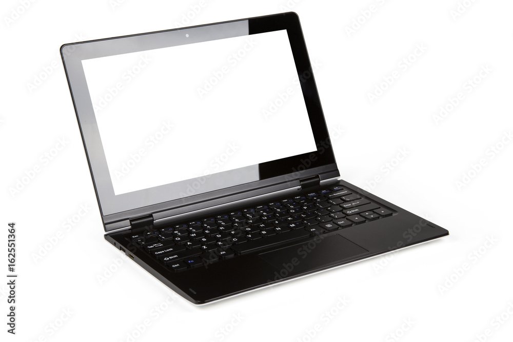 Black glossy notebook with white empty screen, isolated on white background with clipping path Black glossy notebook with white empty screen, isolated on white background with clipping path