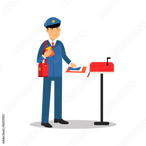 Postman in blue uniform putting letters in mailbox, cartoon character vector Illustration