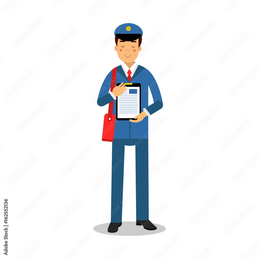 Postman in blue uniform with red bag holding clipboard cartoon character, express delivery mail vector Illustration