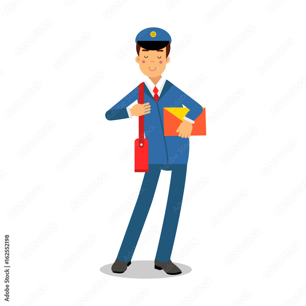 Cheerful postman in blue uniform with red bag holding yellow envelope cartoon character, express delivery mail vector Illustration