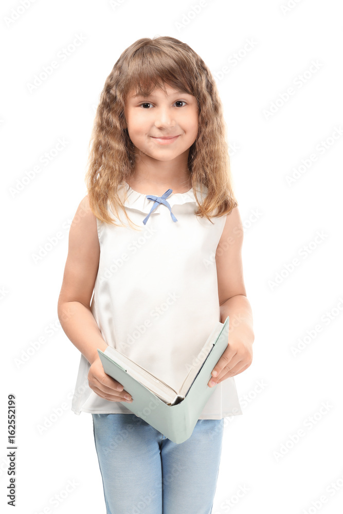Cute funny girl with book on white background Cute funny girl with book on white background