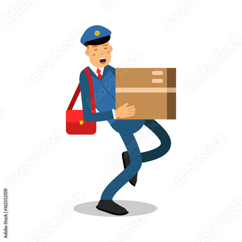 Postman in blue uniform with red bag carrying a heavy parcel cartoon character, express delivery mail vector Illustration