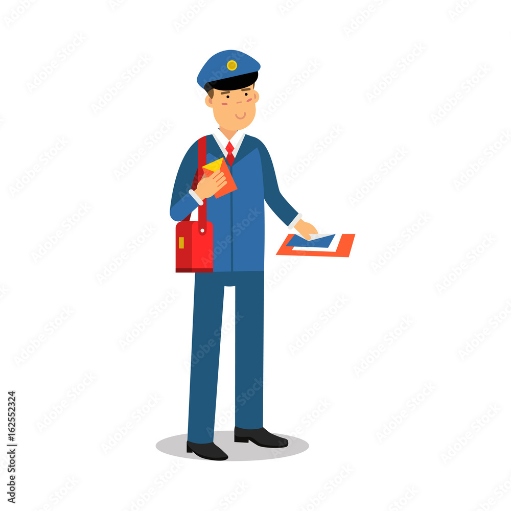 Postman in blue uniform with red bag holding letters cartoon character, express delivery mail vector Illustration