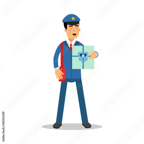 Postman in blue uniform with red bag holding gift box parcel cartoon character, express delivery mail vector Illustration