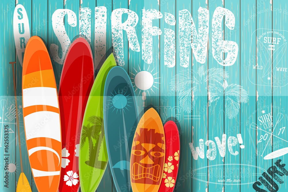 Surfing Retro Poster on Blue Wooden Background - obrazy, fototapety, plakaty 