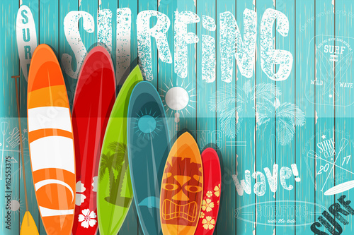 Surfing Retro Poster on Blue Wooden Background