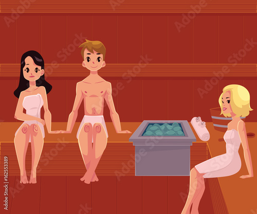 People relaxing in wooden steam sauna, wellness spa treatment, cartoon vector illustration. Young people, man and women sitting in wooden sauna, relaxing in wellness spa, stress relieving procedure