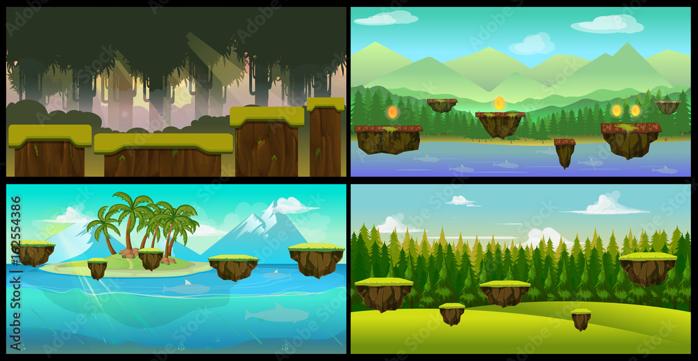 Vector landscape cartoon seamless backgrounds set for game,Vector illustration for your design.