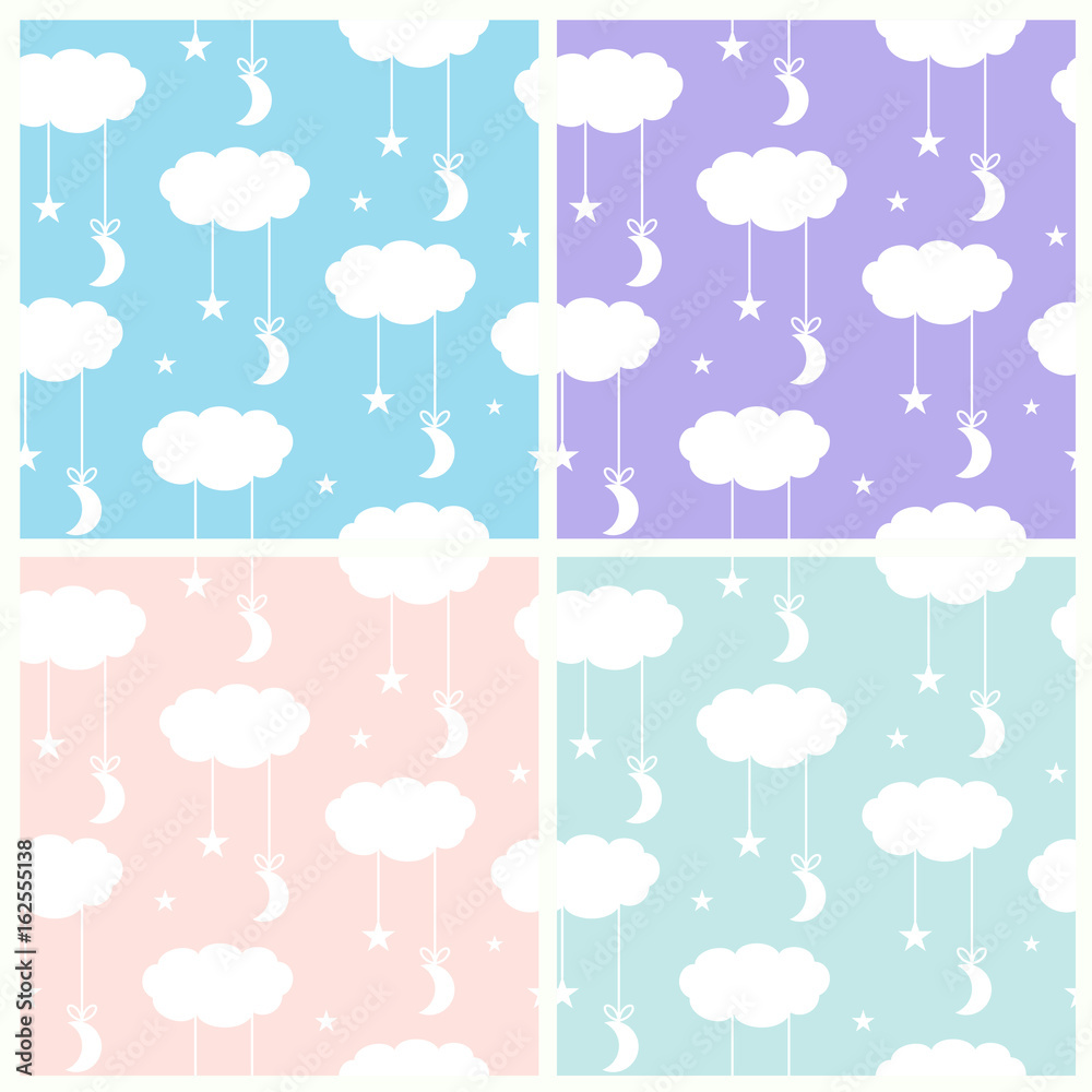 Set of seamless vector patterns with a night sky in a baby style Set of seamless vector patterns with a night sky in a baby style