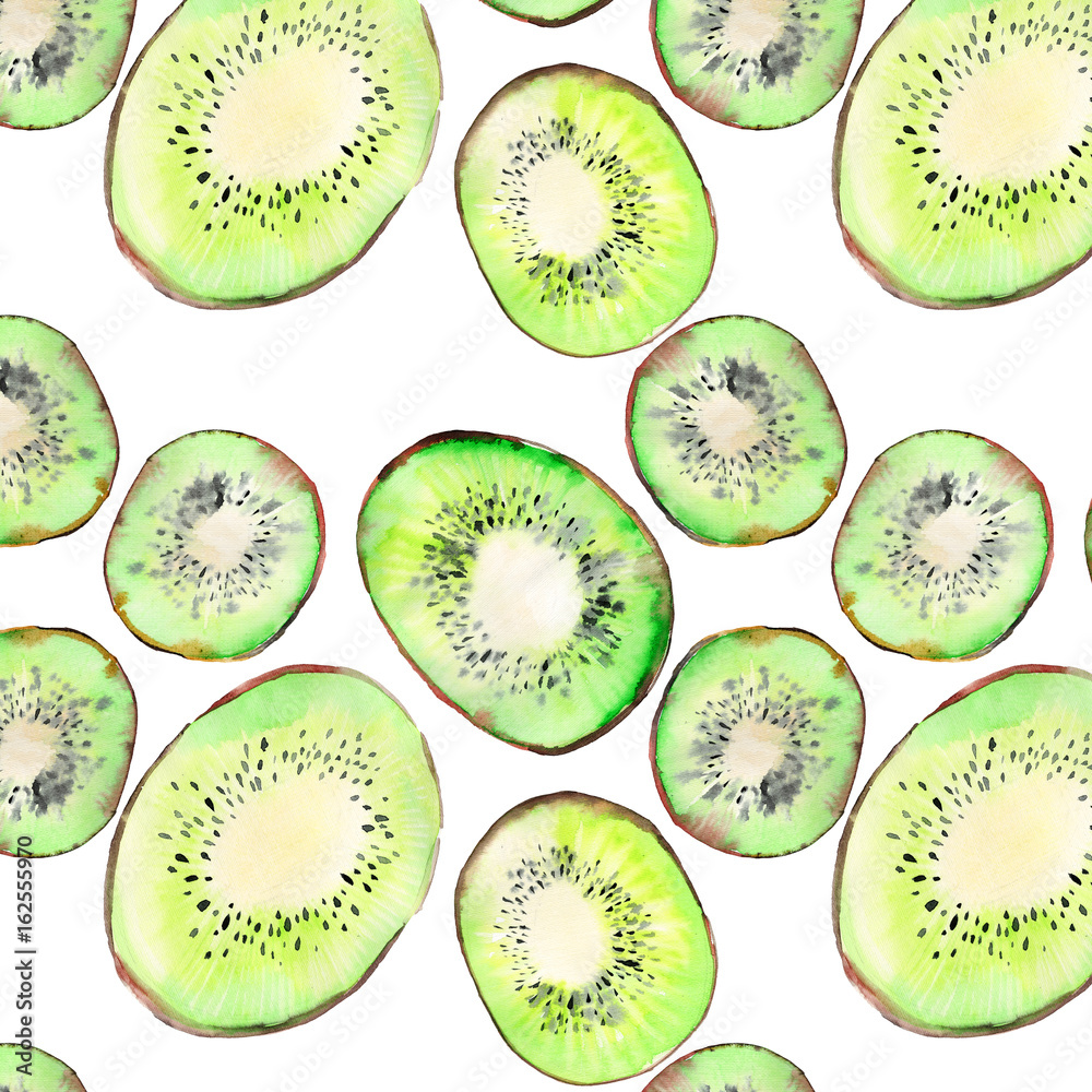 Fototapeta premium Bright ripe tasty delicious beautiful tropical summer desert kiwi fruit chopped and sliced pattern watercolor hand illustration. Perfect for menu, textile, greetings cards