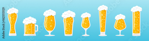 Glasses of beer on blue background. Vector.