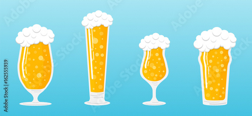 Glasses of beer on blue background. Vector.