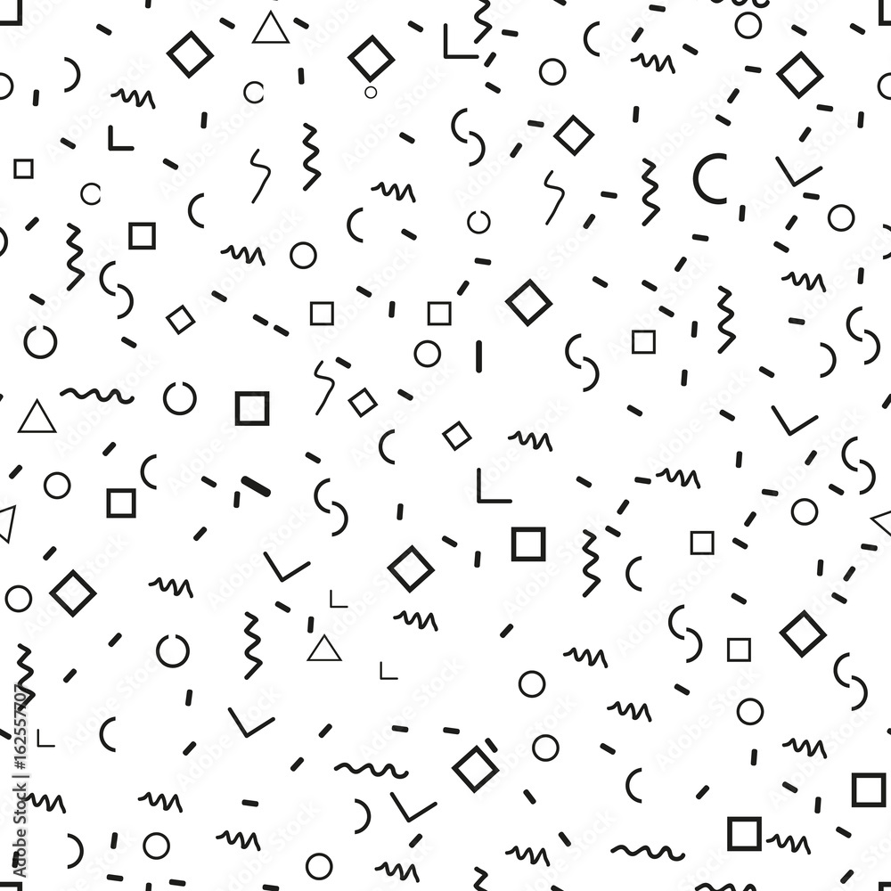 Scattered Geometric Shapes. Inspired by Memphis Style. Abstract Background Design. Vector Seamless Black and White Irregular Pattern. - obrazy, fototapety, plakaty 