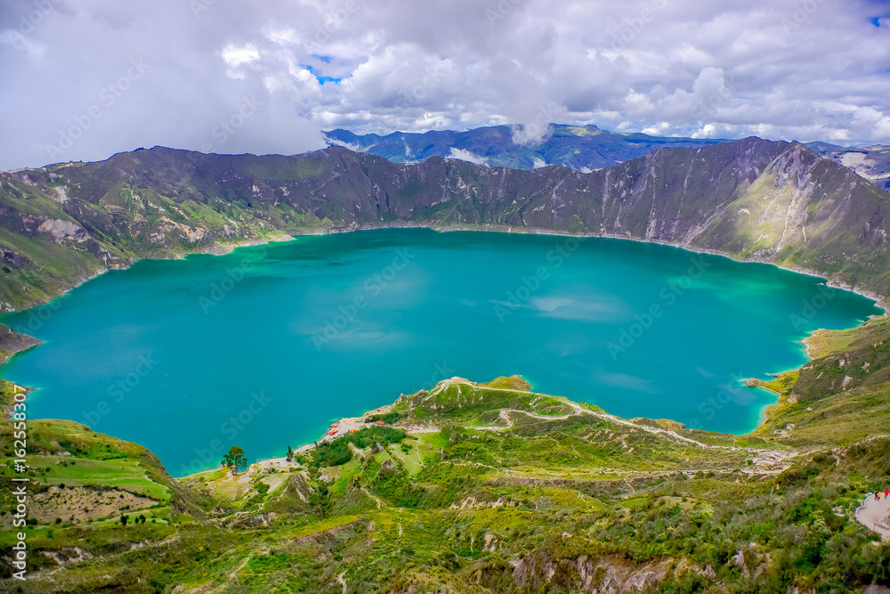 Amazing view of lake of the Quilotoa caldera. Quilotoa is the western volcano in Andes range and is located in andean region of Ecuador