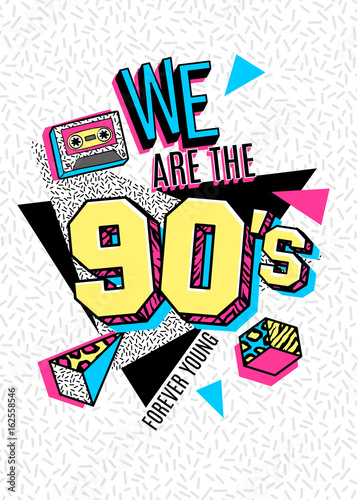 Poster in 80s-90s memphis style.