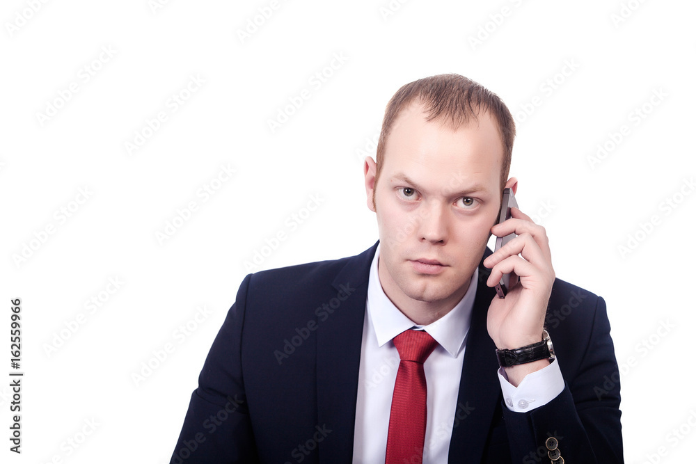 Handsome psychologist in elegant formal suit having phone conversation with colleague discussing important details Handsome psychologist in elegant formal suit having phone conversation with colleague discussing important details