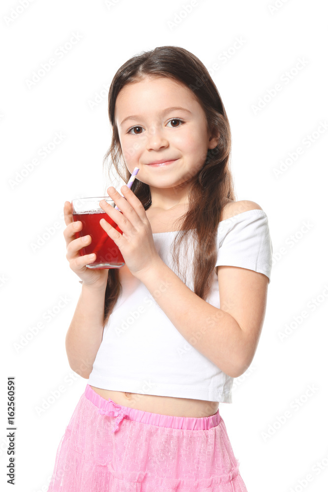 Cute little girl with glass of juice on white background Cute little girl with glass of juice on white background