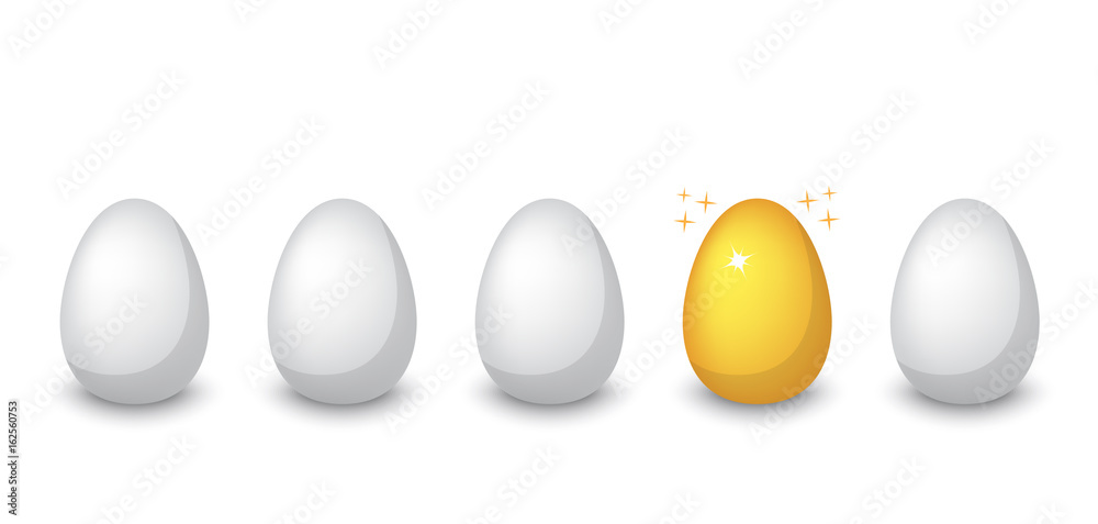 A row of ordinary white chicken ti eggs in a row one golden shiny egg A row of ordinary white chicken ti eggs in a row one golden shiny egg