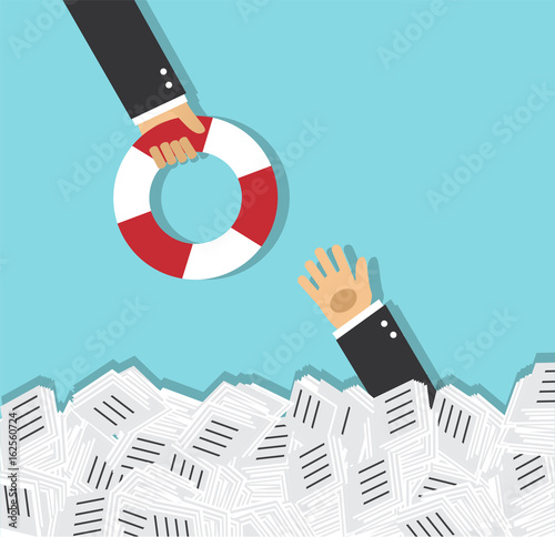 The hand of a man sticks out of a pile of papers. Another person is stretching a lifeline and wants to help