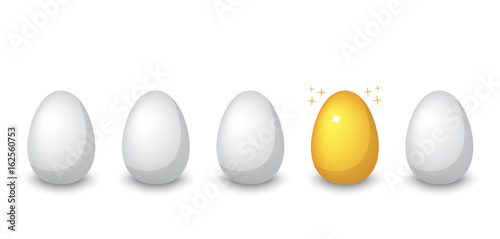 A row of ordinary white chicken ti eggs in a row one golden shiny egg