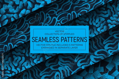 Collection of 5 Different Vector Abstract Stippled Fashion Seamless Patterns. Set of Handmade Tileable Vintage and Retro Style Geometric Dotted Structure Grunge Background. Design Element