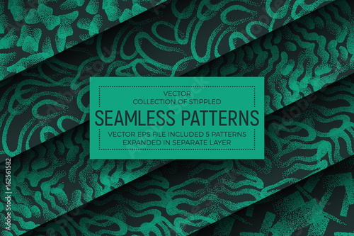 Collection of 5 Different Vector Abstract Stippled Fashion Seamless Patterns. Set of Handmade Tileable Vintage and Retro Style Geometric Dotted Structure Grunge Background. Design Element