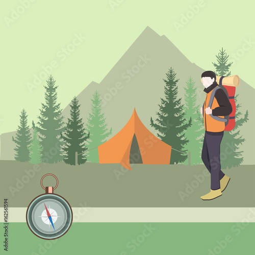 Camping equipment. Tourist. Camper man with backpack in tourist camp in forest.
