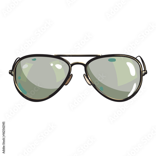 Hand drawn aviator sunglasses in metal frame with green lenses, sketch style vector illustration isolated on white background. Realistic isolated hand drawing of green aviator sunglasses, front view