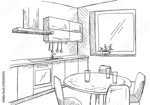 Sketch kitchen with a window. Vector illustration in a sketch style.