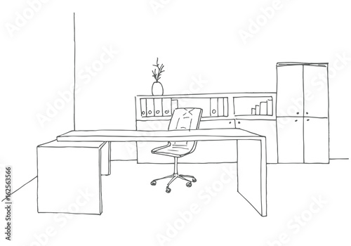 Office in a sketch style. Hand drawn office furniture. Vector illustration.