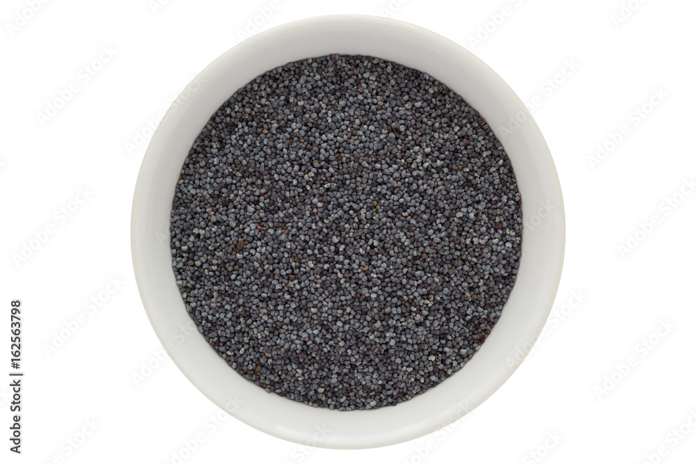 Poppy seeds in white bowl, isolated on white background