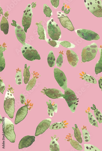 Seamless background pattern with green round cacti and small yellow flowers painted in watercolor on clear pastel pink background