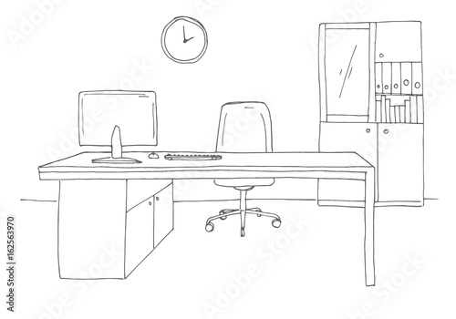 Office in a sketch style. Hand drawn office furniture. Vector illustration.