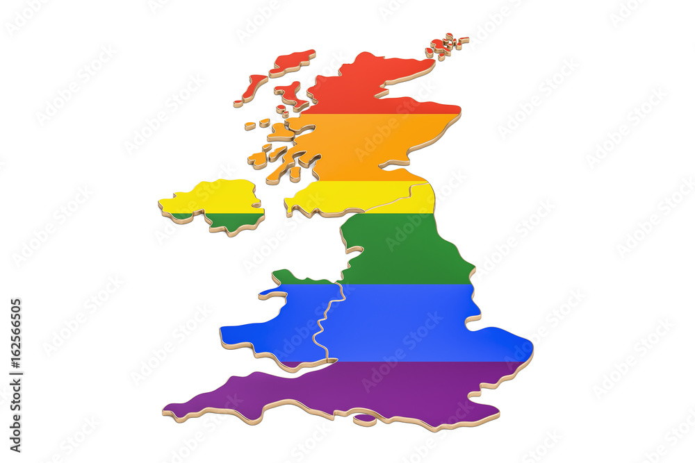 British map with LGBT flag, 3D rendering