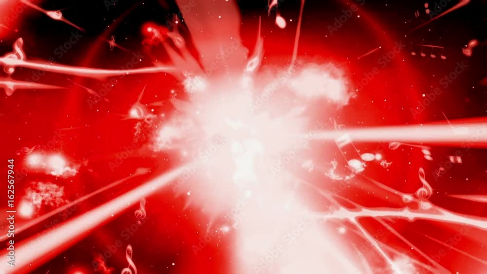 Animated music notes and light rays strobe color looping animated abstraction CG backdrop 