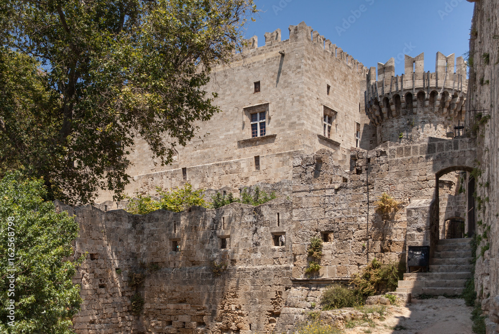 Ruins of the castle and city walls of Rhodes. Defensive Fortress of the Joannites.Historic castle on the shores of the Aegean and Mediterranean.