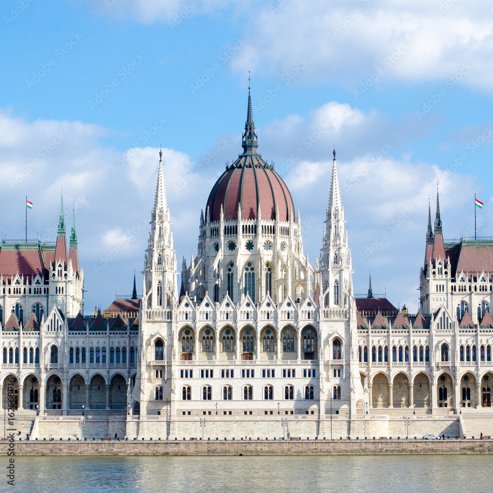 Beautiful view of the Parliament on the Danube in Budapest Hungary.