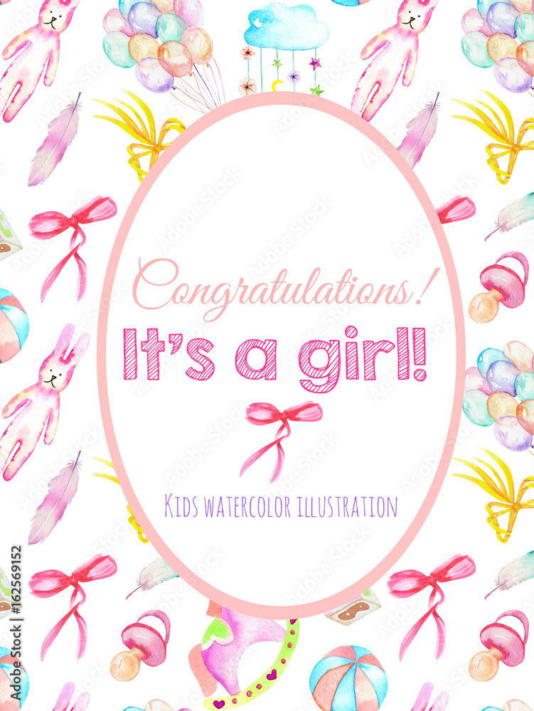 Card template, frame border on baby girl shower watercolor elements background (toys, air balloons, rainbow, nipple, feathers and other) Card template, frame border on baby girl shower watercolor elements background (toys, air balloons, rainbow, nipple, feathers and other)