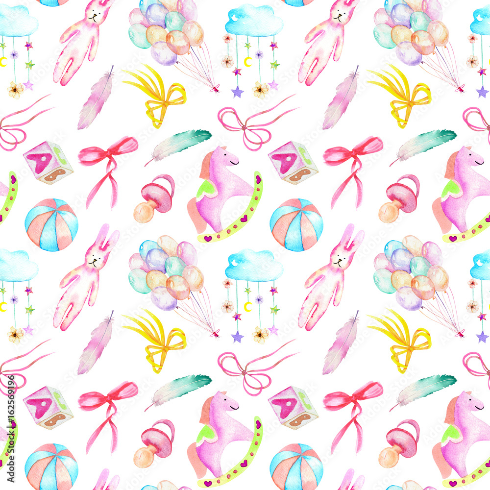 Seamless pattern with baby girl shower watercolor elements (toys, air balloons, rainbow, nipple, feathers and other), hand painted isolated on a white background