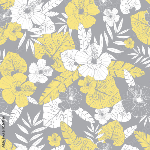 Vector light yellow and grey drawing tropical summer hawaiian seamless pattern with tropical plants, leaves, and hibiscus flowers. Great for vacation themed fabric, wallpaper, packaging.