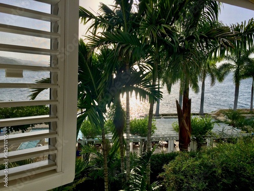 Sunset in luxurious tropical resort (hotel) with blue sky, white shutters, private pool, lush green coconut palm trees & blue ocean in Montego Bay on the Caribbean island of Jamaica (West Indies)