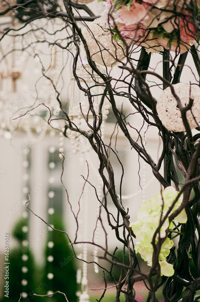 Fototapeta premium composition on ceremony place, tree branch with bouquet of roses