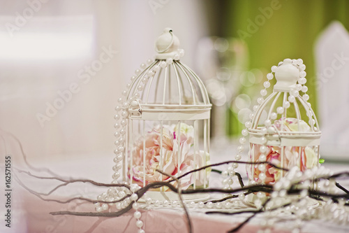 luxury wedding decorations with gentle rose, flowers composition on ceremony place