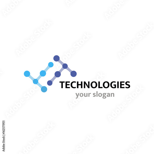 Vector logo template for technology, communications companies or high-tech innovation. Two letters T consisting of molecules.