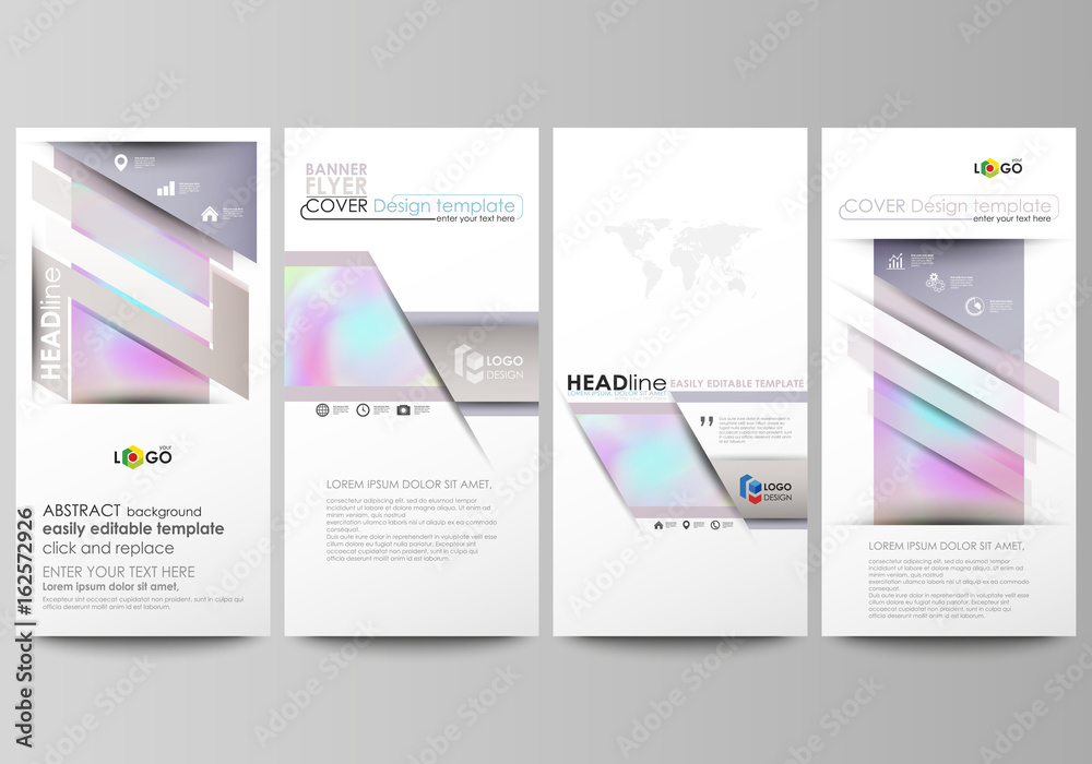 Flyers set, modern banners. Business templates. Cover design template, abstract vector layouts. Hologram, background in pastel colors, holographic effect. Blurred colorful pattern, futuristic texture.