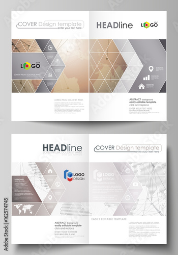 The vector illustration of the editable layout of two A4 format modern cover mockups design templates for brochure  magazine  flyer. Global network connections  technology background with world map.