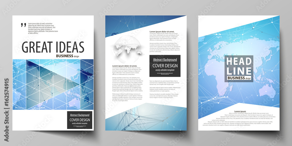 The vector illustration of editable layout of three A4 format modern covers design templates for brochure, magazine, flyer, booklet. World map on blue, geometric technology design, polygonal texture.