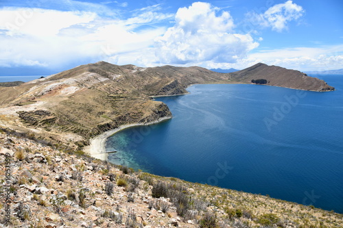 Stunning view of the Chincana Ruins overlooking the beach on the Isla del Sol on Lake Titicaca