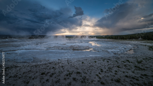Volcanic Hot Spring on Fountain Paint Pot Nature Trail During the Blue Hour in Yellowstone National Park